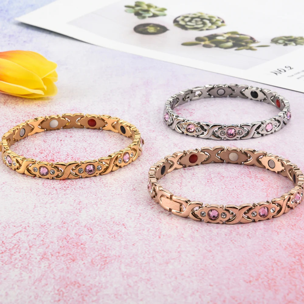 Health Magnetic Bracelet For Women Man Rose Gold Color Stainless Steel Energy Germanium Hematite Hand Bracelets Ladies Jewelry