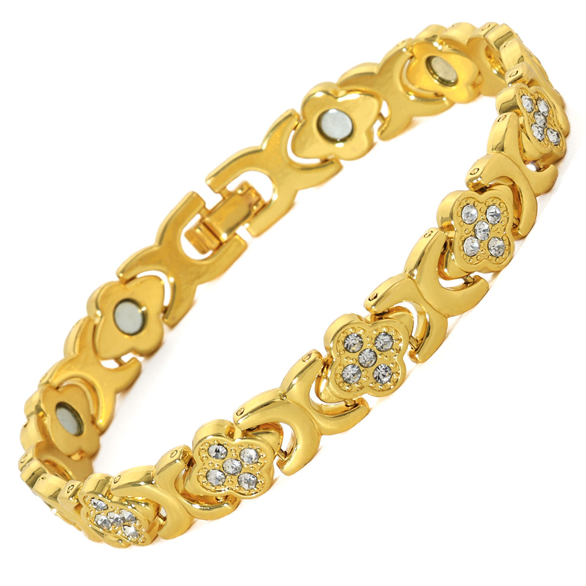 European & American Trendy Clover Magnetic Bracelet for Women – Lightweight Alloy with Rhinestones