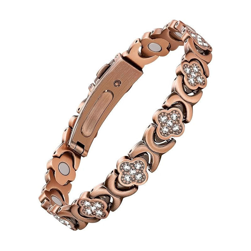 Four-Leaf Clover Diamond-Inlaid Magnetic Therapy Bracelet | Rose Gold & Copper | Bestseller