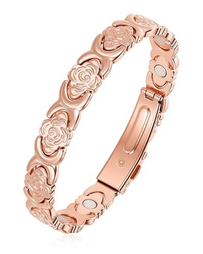 Magnetic Therapy Bracelet for Women | Vintage Rose & Clover Design, 18K Rose Gold Plated