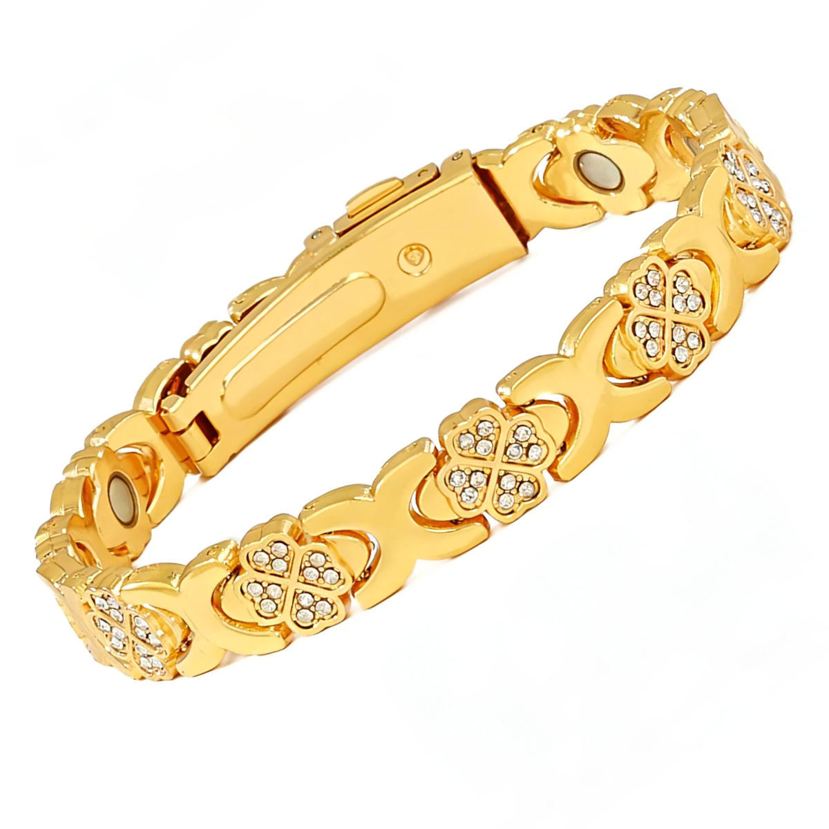 European & American Trendy Clover Magnetic Bracelet for Women – Lightweight Alloy with Rhinestones
