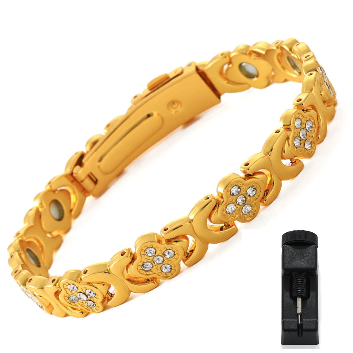 European & American Trendy Clover Magnetic Bracelet for Women – Lightweight Alloy with Rhinestones