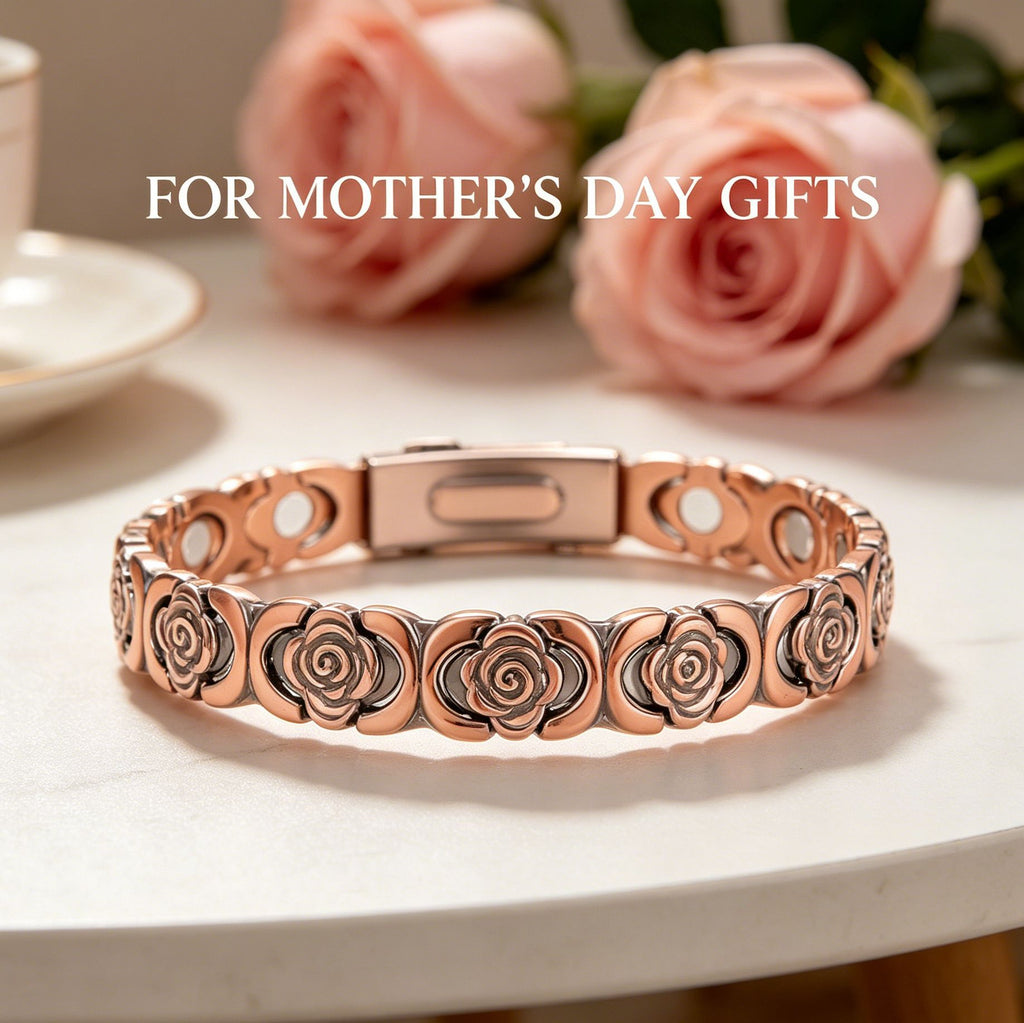 Magnetic Therapy Bracelet for Women | Vintage Rose & Clover Design, 18K Rose Gold Plated
