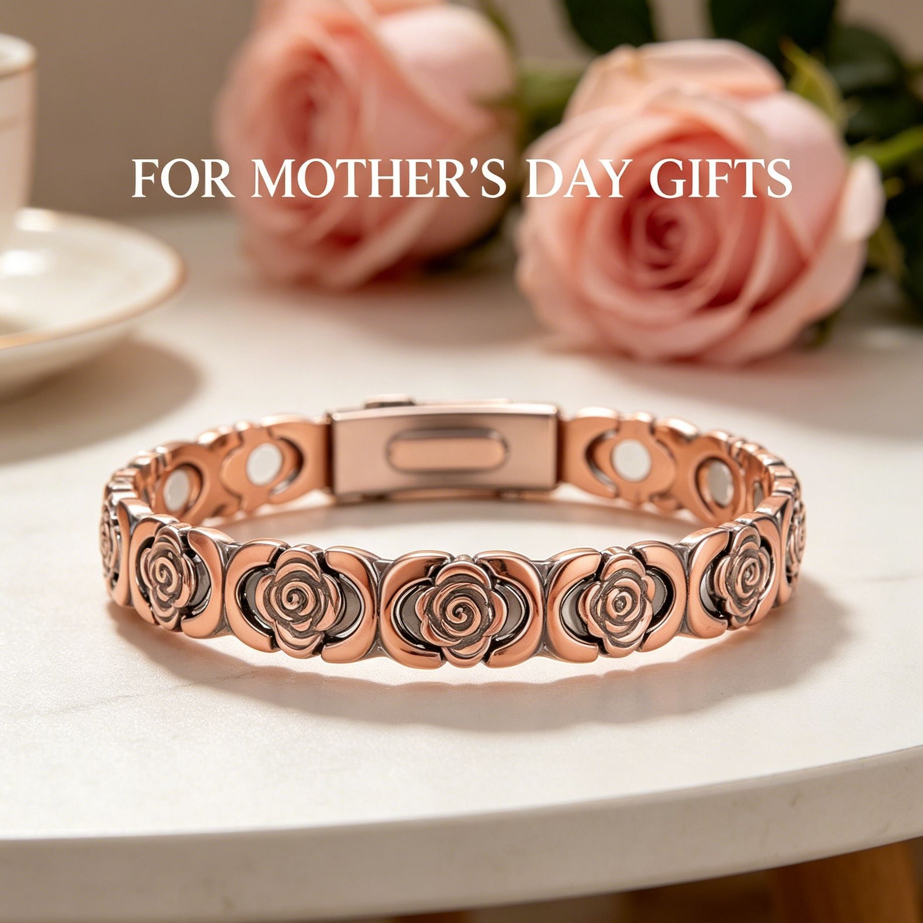 Magnetic Therapy Bracelet for Women | Vintage Rose & Clover Design, 18K Rose Gold Plated