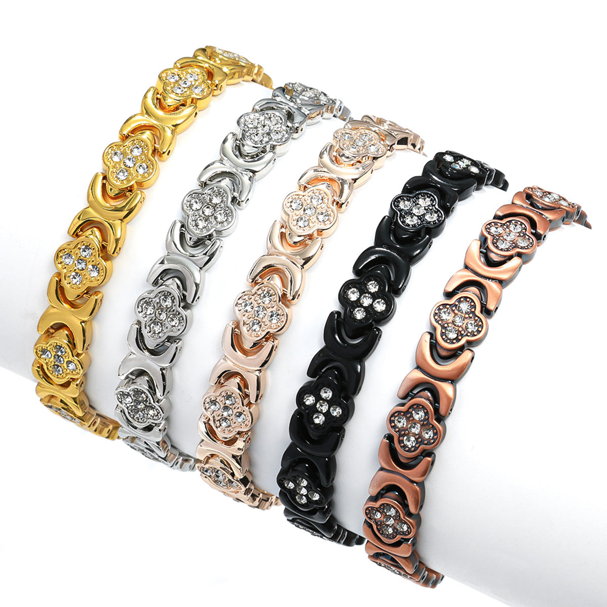 European & American Trendy Clover Magnetic Bracelet for Women – Lightweight Alloy with Rhinestones