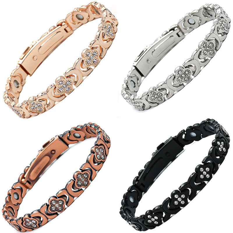 Clover Magnetic Bracelet for Women – Lightweight Alloy with Rhinestones