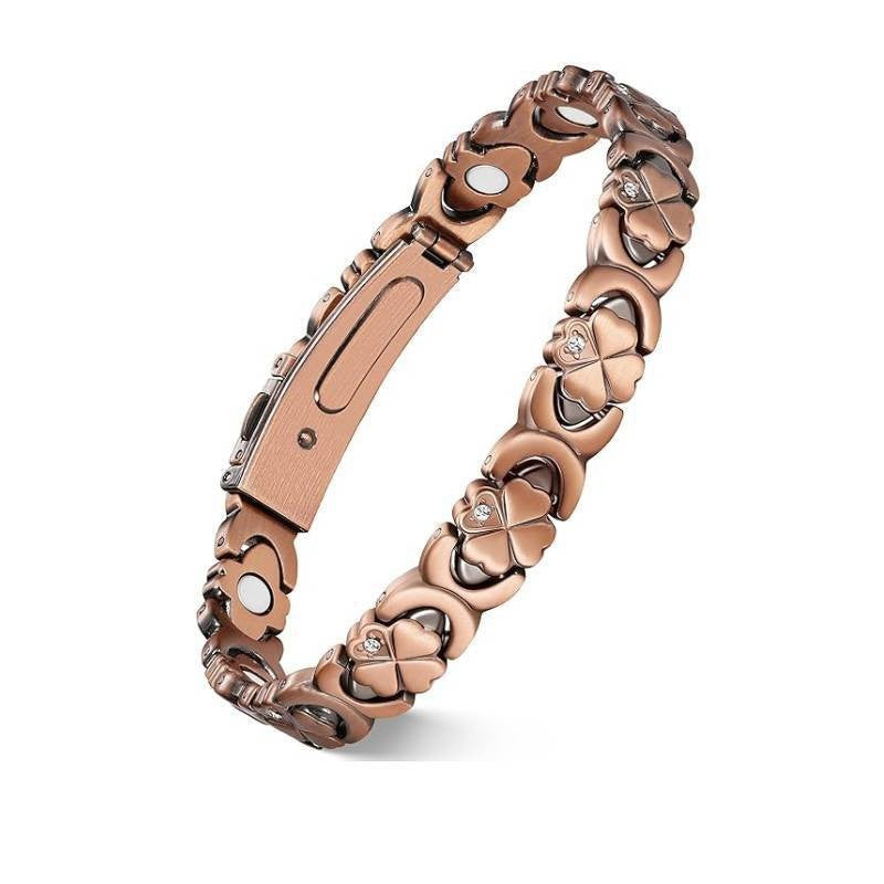 Magnetic Therapy Bracelet for Women | Vintage Rose & Clover Design, 18K Rose Gold Plated
