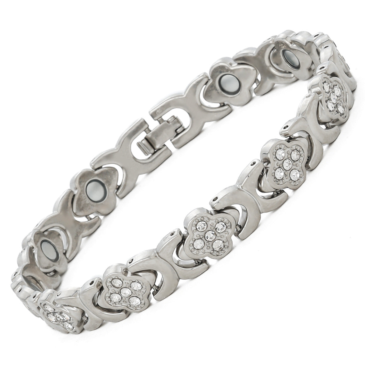 European & American Trendy Clover Magnetic Bracelet for Women – Lightweight Alloy with Rhinestones