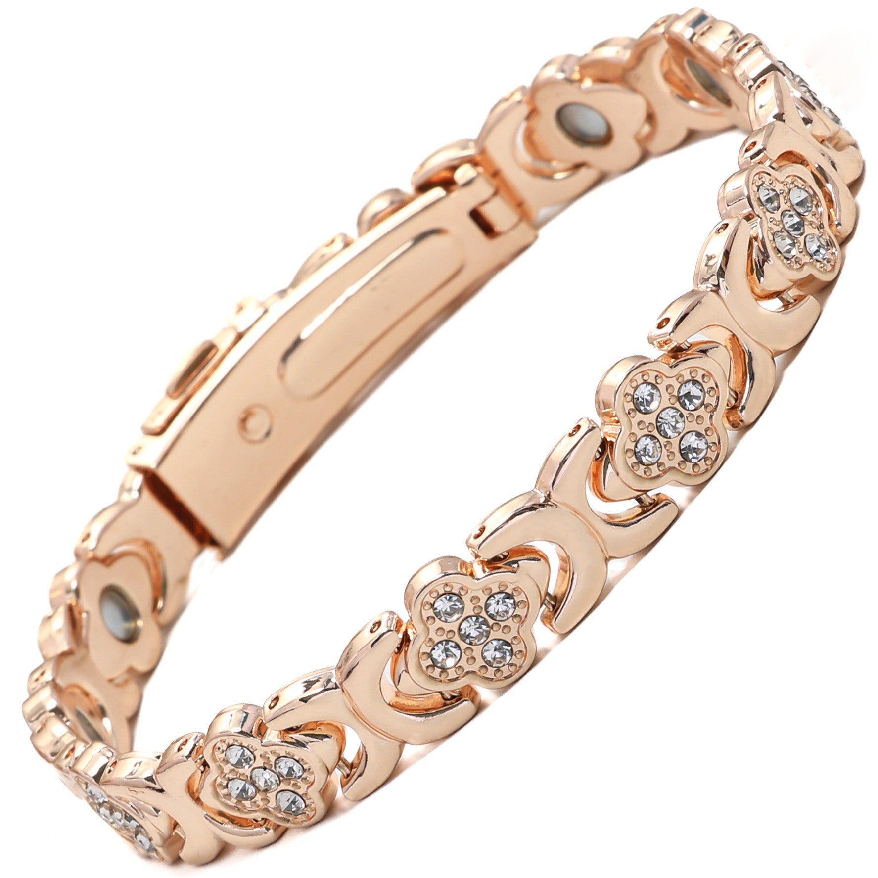 European & American Trendy Clover Magnetic Bracelet for Women – Lightweight Alloy with Rhinestones
