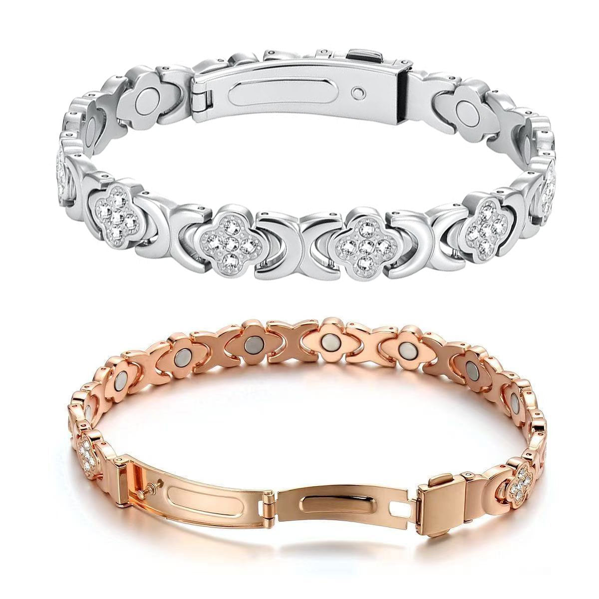 Four-Leaf Clover Diamond-Inlaid Magnetic Therapy Bracelet | Rose Gold & Copper | Bestseller