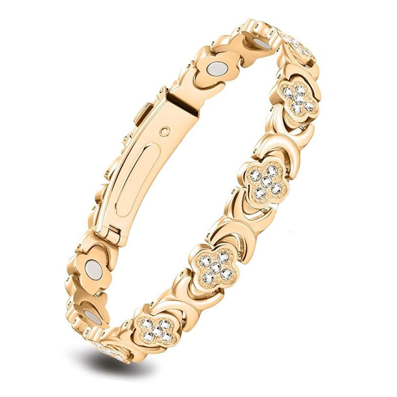 Four-Leaf Clover Diamond-Inlaid Magnetic Therapy Bracelet | Rose Gold & Copper | Bestseller