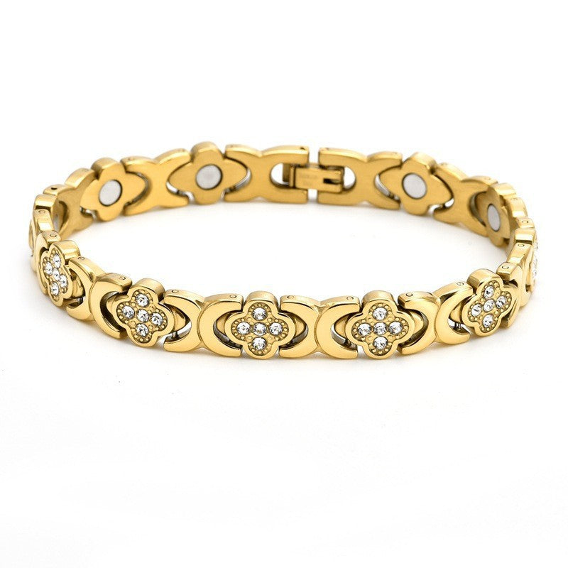 Four-Leaf Clover Diamond-Inlaid Magnetic Therapy Bracelet | Rose Gold & Copper | Bestseller