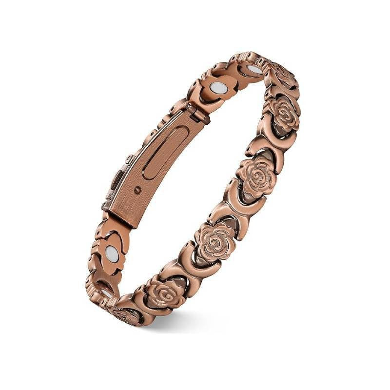 Magnetic Therapy Bracelet for Women | Vintage Rose & Clover Design, 18K Rose Gold Plated