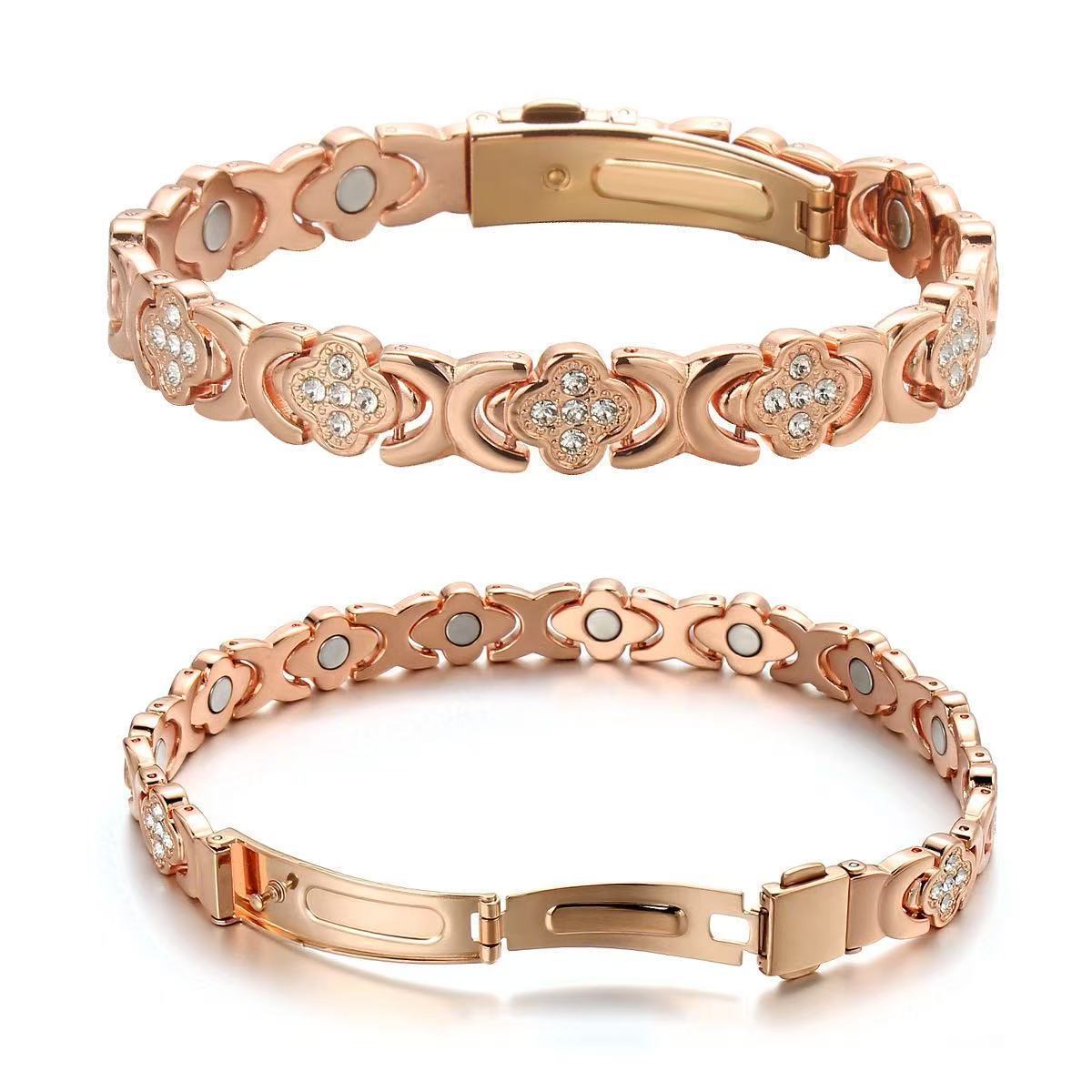 Four-Leaf Clover Diamond-Inlaid Magnetic Therapy Bracelet | Rose Gold & Copper | Bestseller