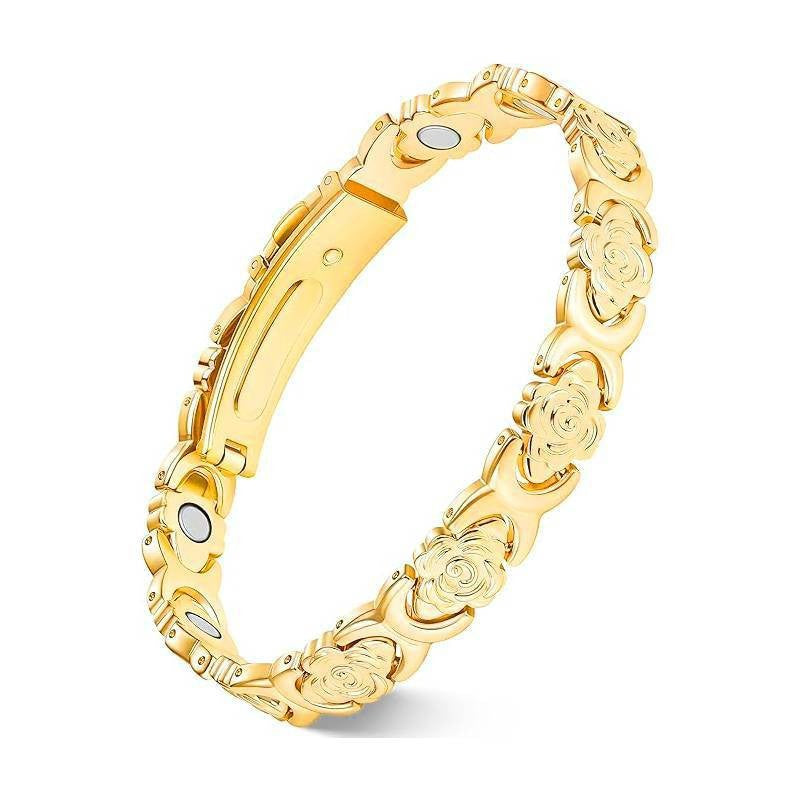 Magnetic Therapy Bracelet for Women | Vintage Rose & Clover Design, 18K Rose Gold Plated