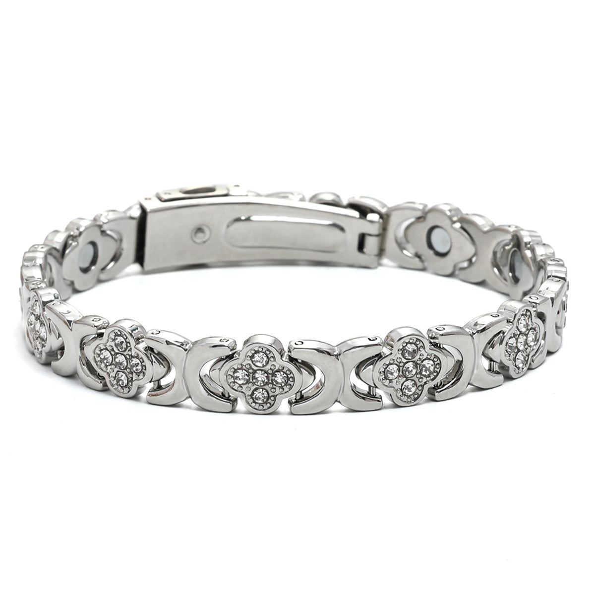 European & American Trendy Clover Magnetic Bracelet for Women – Lightweight Alloy with Rhinestones