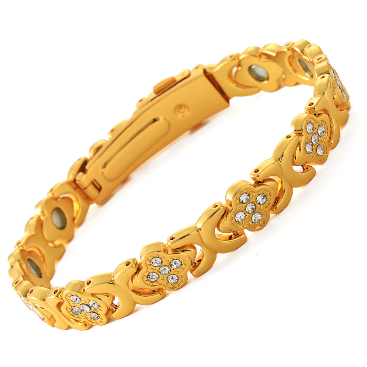 European & American Trendy Clover Magnetic Bracelet for Women – Lightweight Alloy with Rhinestones