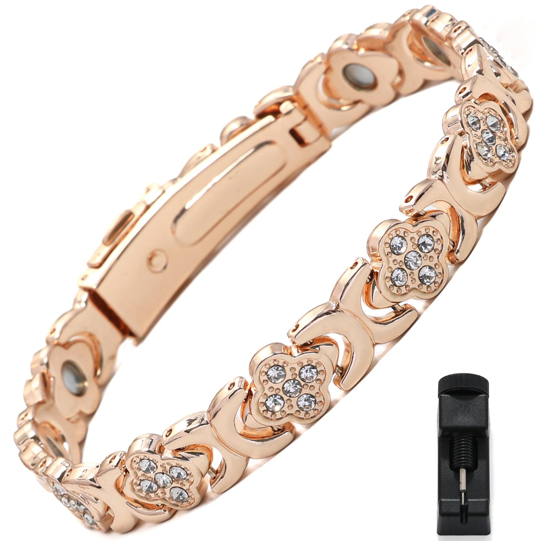European & American Trendy Clover Magnetic Bracelet for Women – Lightweight Alloy with Rhinestones