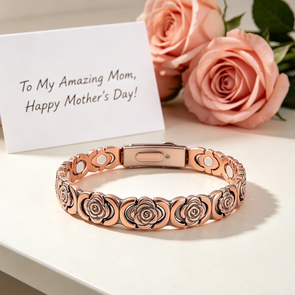 Magnetic Therapy Bracelet for Women | Vintage Rose & Clover Design, 18K Rose Gold Plated