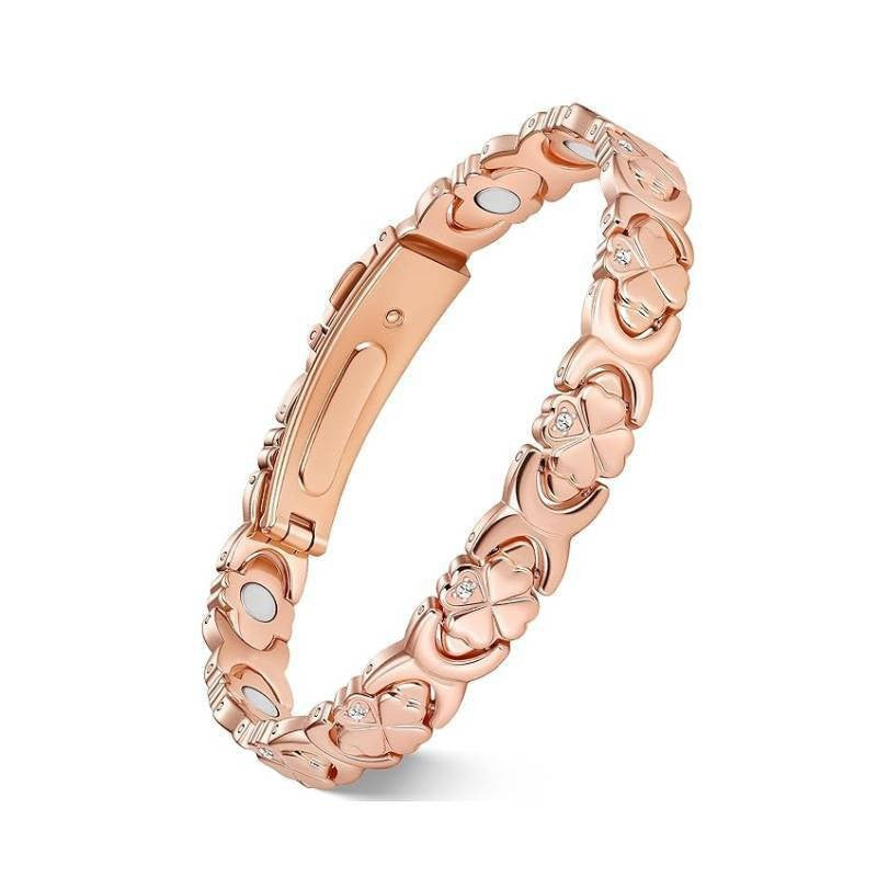 Magnetic Therapy Bracelet for Women | Vintage Rose & Clover Design, 18K Rose Gold Plated