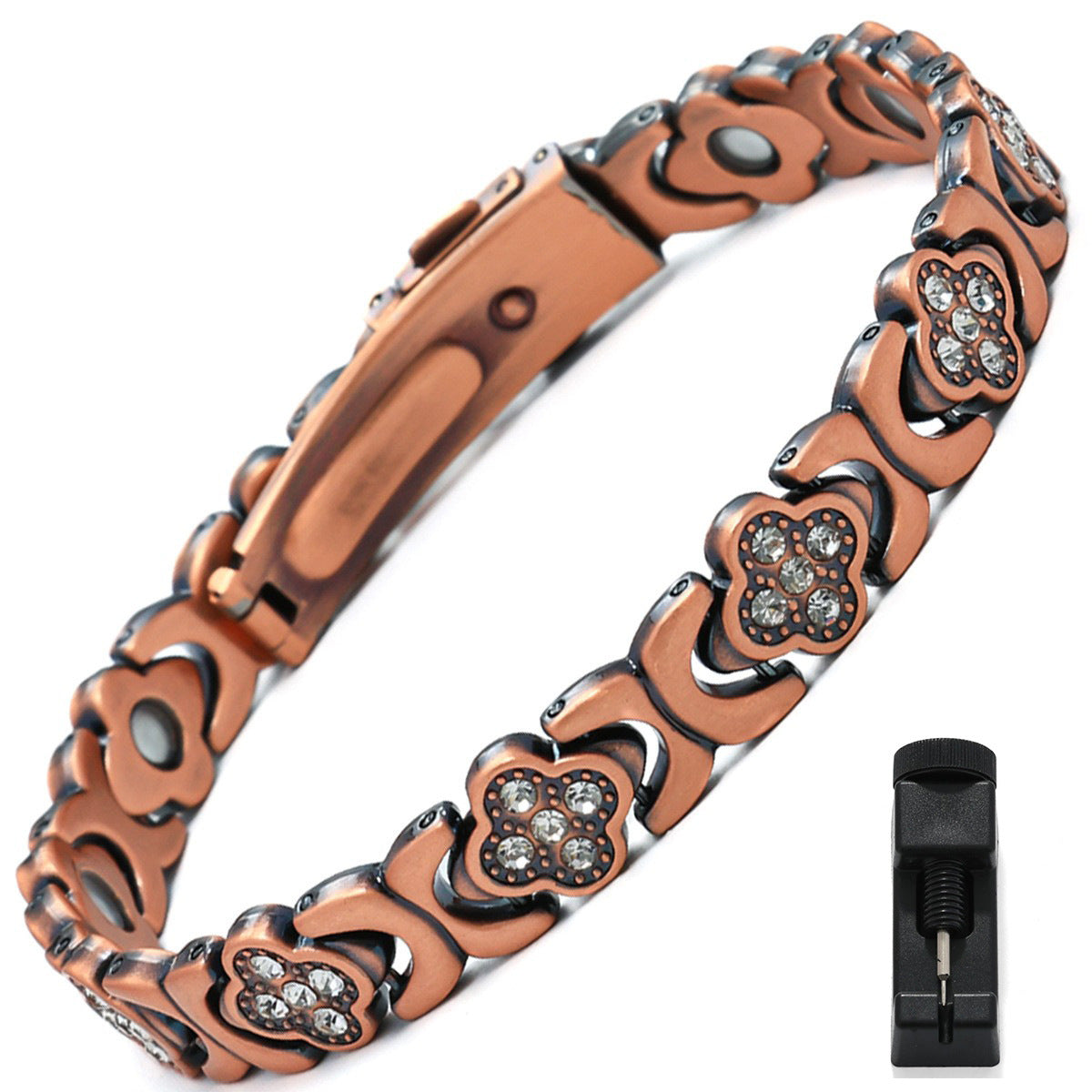 European & American Trendy Clover Magnetic Bracelet for Women – Lightweight Alloy with Rhinestones