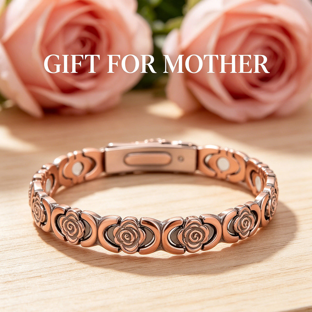 Magnetic Therapy Bracelet for Women | Vintage Rose & Clover Design, 18K Rose Gold Plated