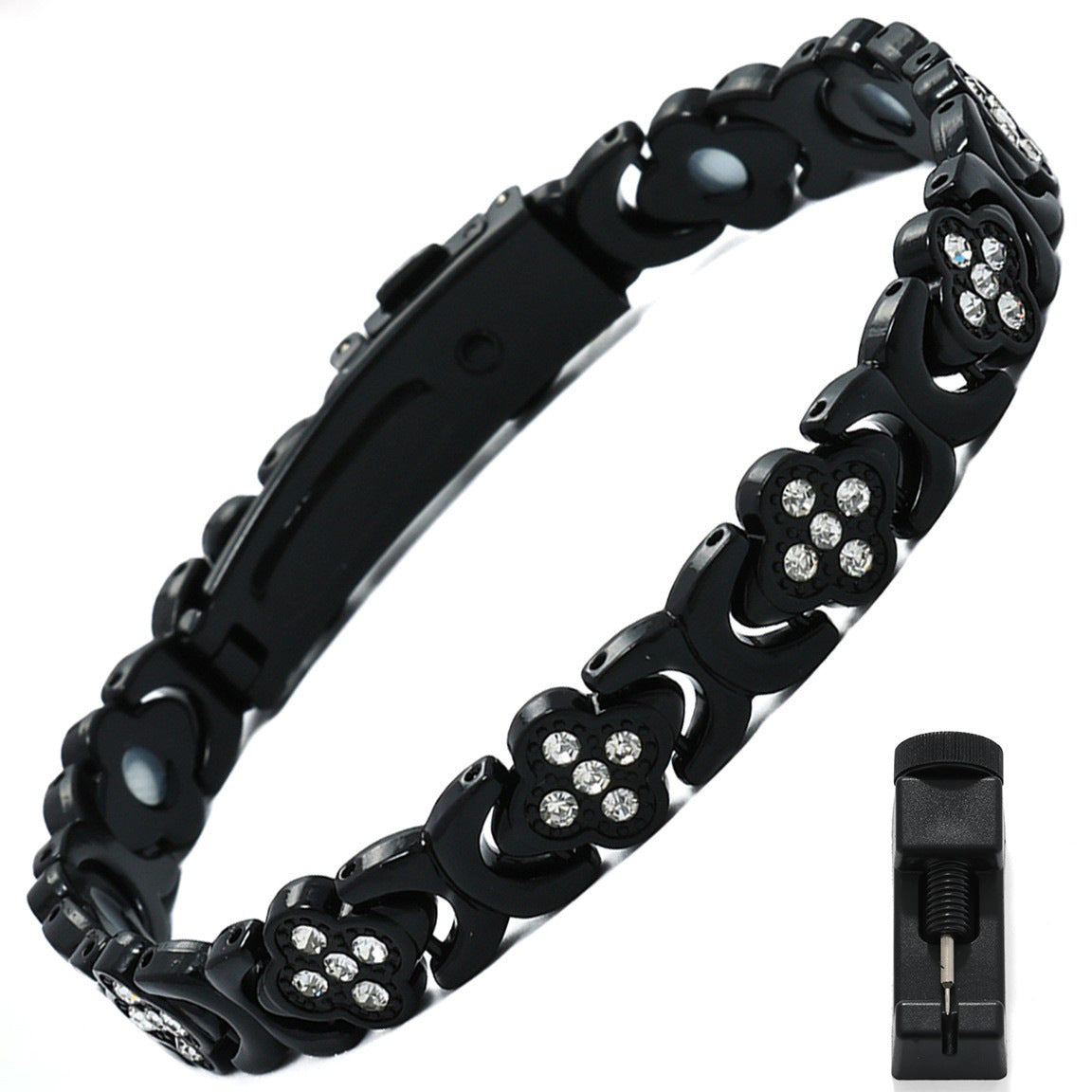 European & American Trendy Clover Magnetic Bracelet for Women – Lightweight Alloy with Rhinestones