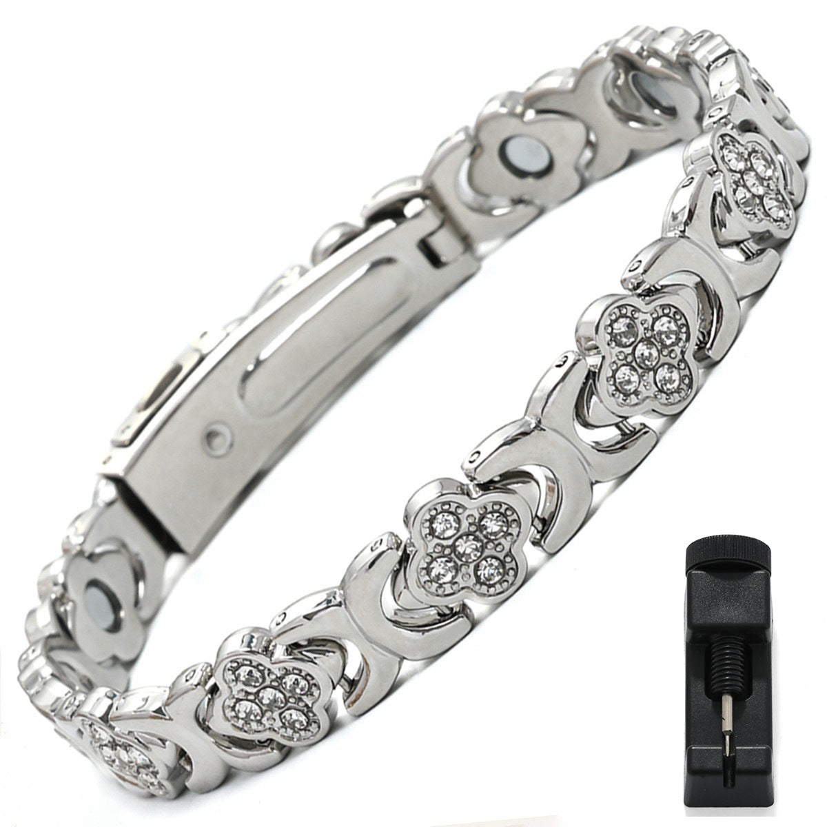 European & American Trendy Clover Magnetic Bracelet for Women – Lightweight Alloy with Rhinestones