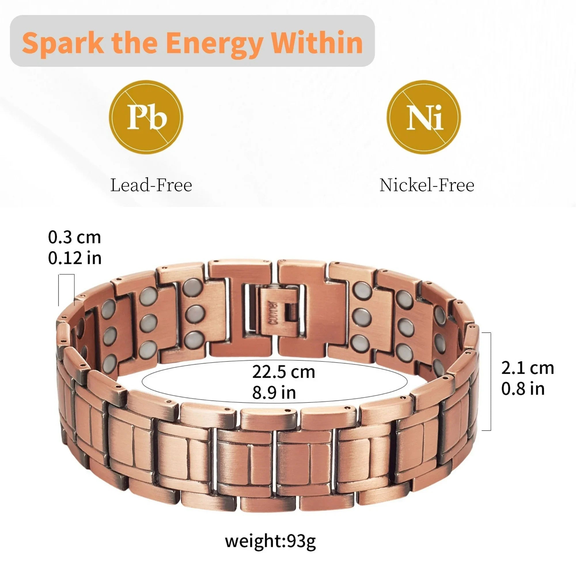 Men's copper magnetic bracelet set with three rows of magnetic chains and disassembly tools. Durable gift with size adjustment t