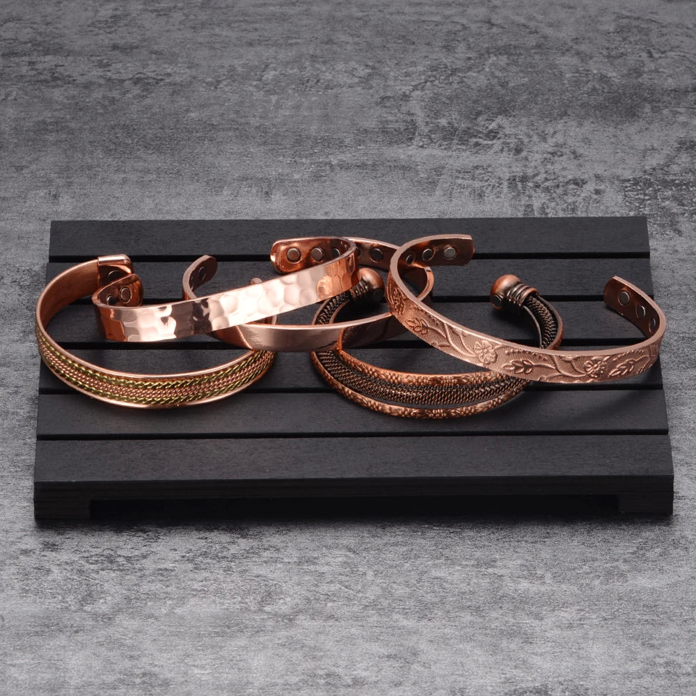 Pure Copper Magnetic Open Cuff Bangle – Vintage Adjustable Bracelet for Men Women