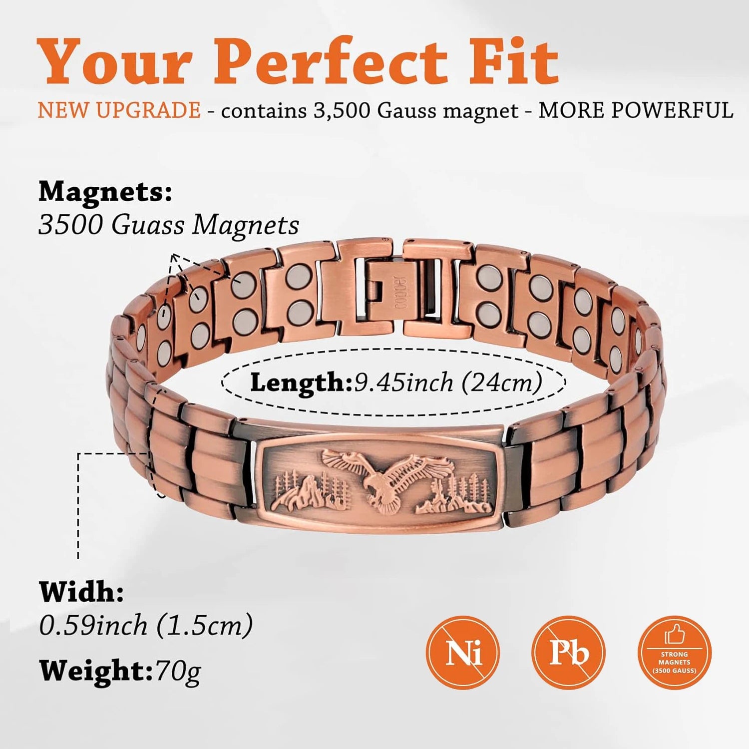 Men's Magnetic Bracelet with 99.99% Pure Copper Jewelry, Magnetic Field Therapy Jewelry and Eagle Pattern