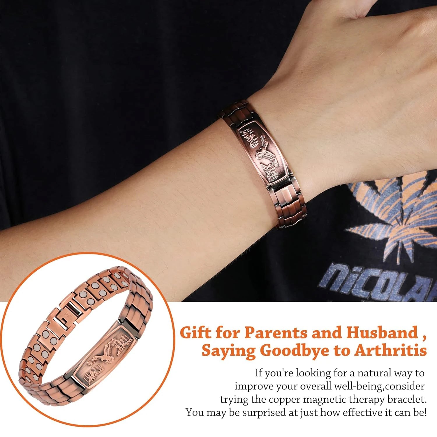Men's Magnetic Bracelet with 99.99% Pure Copper Jewelry, Magnetic Field Therapy Jewelry and Eagle Pattern