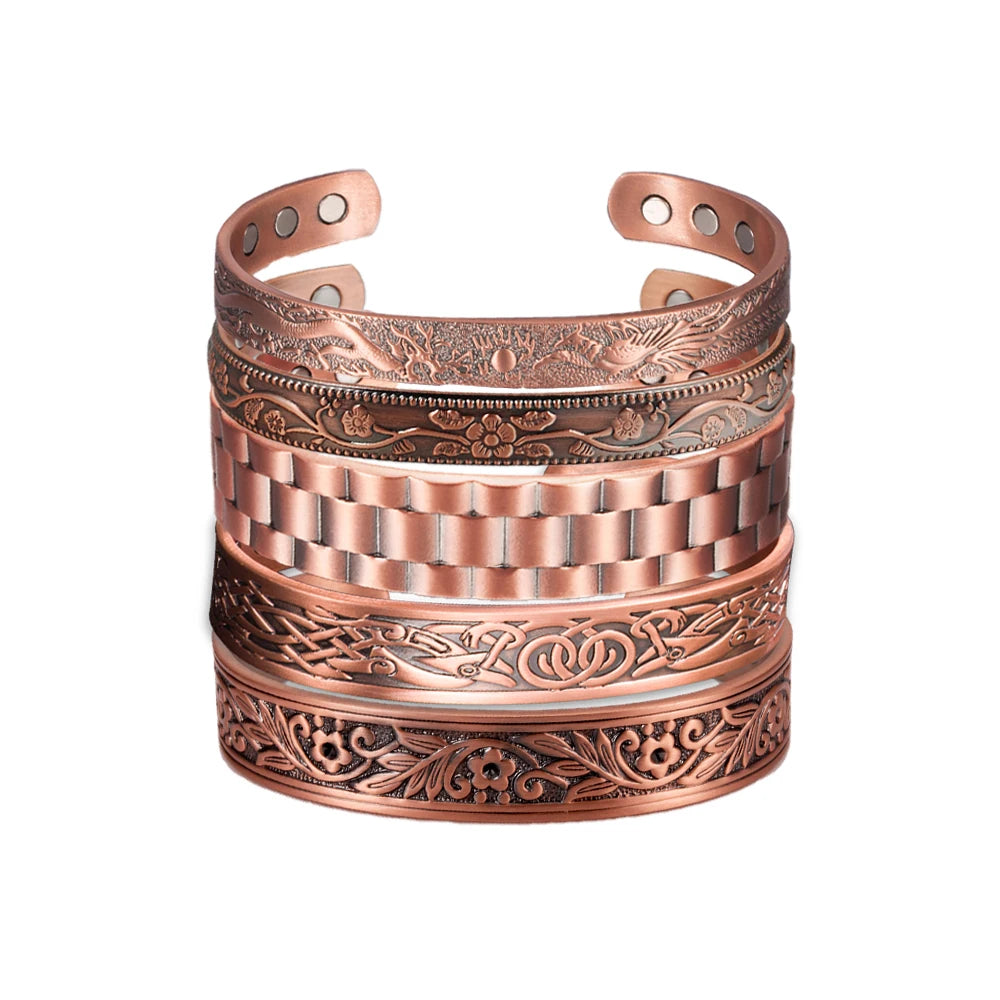 Pure Copper Magnetic Open Cuff Bangle – Vintage Adjustable Bracelet for Men Women