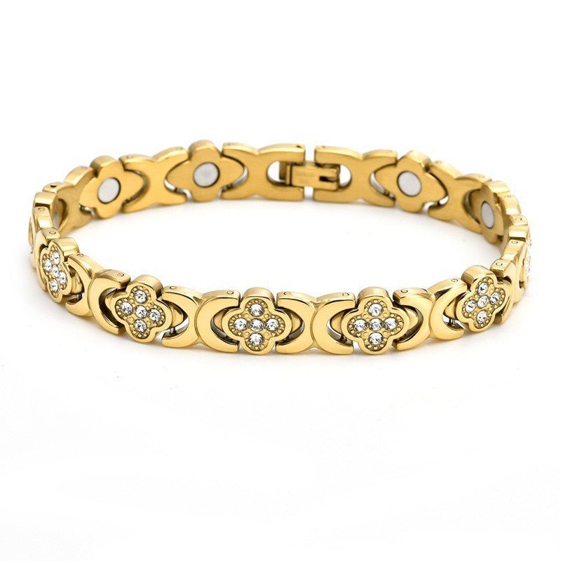 Four-Leaf Clover Diamond-Inlaid Magnetic Bracelet – Rose Gold Copper Jewelry - Craftopia